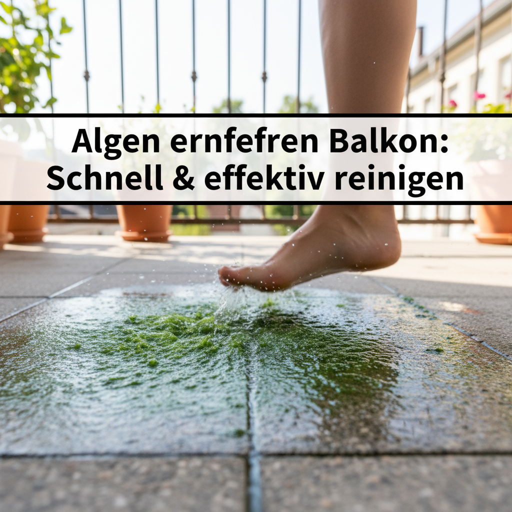 A dynamic professional photo capturing a moment of danger on a balcony. Focus on a foot (perhaps in a casual shoe or bare) just beginning to slip on a dangerously wet, vivid green algae patch on a stone or concrete balcony tile. The foot should be slightly off-balance, conveying the immediate risk of falling. The algae should appear slick and visibly wet, making the surface look treacherous, with a slight blur to imply movement.