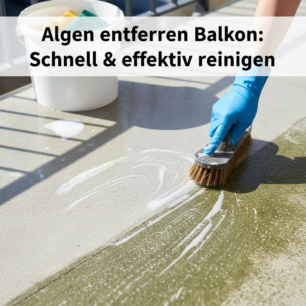 A bright and clean lifestyle photo showing a person's hands in protective gloves vigorously scrubbing a concrete balcony floor with a sturdy, hard-bristled brush. A visible line should separate the already clean, lighter concrete from the remaining patches of green algae. A bucket of soapy cleaning solution could be subtly visible nearby, indicating the use of cleaning agents. The overall tone should be proactive and effective.
