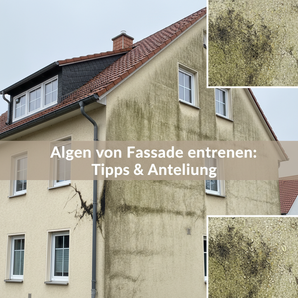 A wide shot of a residential house facade partially covered in unsightly green and black algal growth. Focus on a section where the algae is clearly visible, creating streaks and patches on the light-colored plaster wall, emphasizing the contrast. Include subtle hints of moisture or dampness on the affected areas, perhaps with a slightly overcast sky. The overall impression should be one of a neglected but otherwise solid building. Style: Professional photo, realistic, slightly muted colors to highlight the grime.