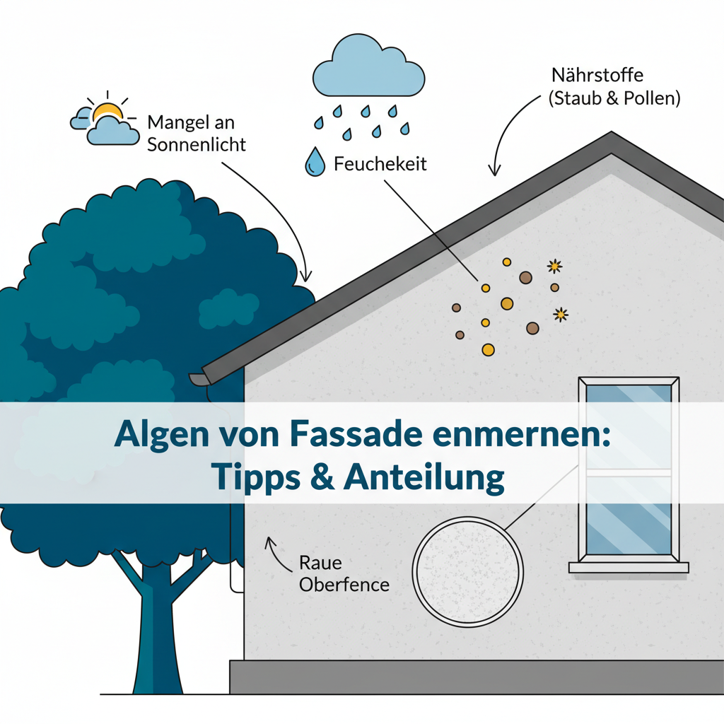 An infographic style illustration depicting a cross-section or simplified view of a house facade. Around it, various elements contributing to algae growth are shown with clear, minimalist icons and arrows pointing towards the wall. These elements include a rain cloud with falling droplets (moisture), a large tree casting a shadow (lack of sunlight), dust particles and pollen (nutrients), and a textured wall surface. Use a clean, modern color palette with distinct icons for easy understanding. Style: Flat illustration, clean lines, informative.