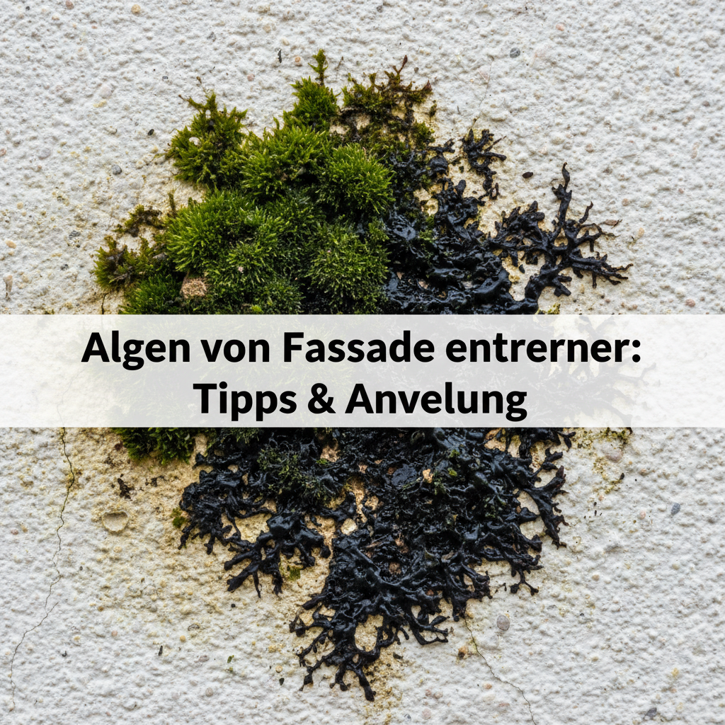 A detailed macro shot focusing on a specific patch of vibrant green and dark black algae growing densely on a stucco or rendered house facade. The texture of the algae should be clearly visible, showing its almost velvety or slimy appearance. Subtly indicate underlying moisture retention with darker, damp-looking spots beneath the growth. There could be tiny hairline cracks or slight discoloration in the plaster where the algae meets it, hinting at potential material degradation. Style: Professional close-up photo with high detail and natural light.