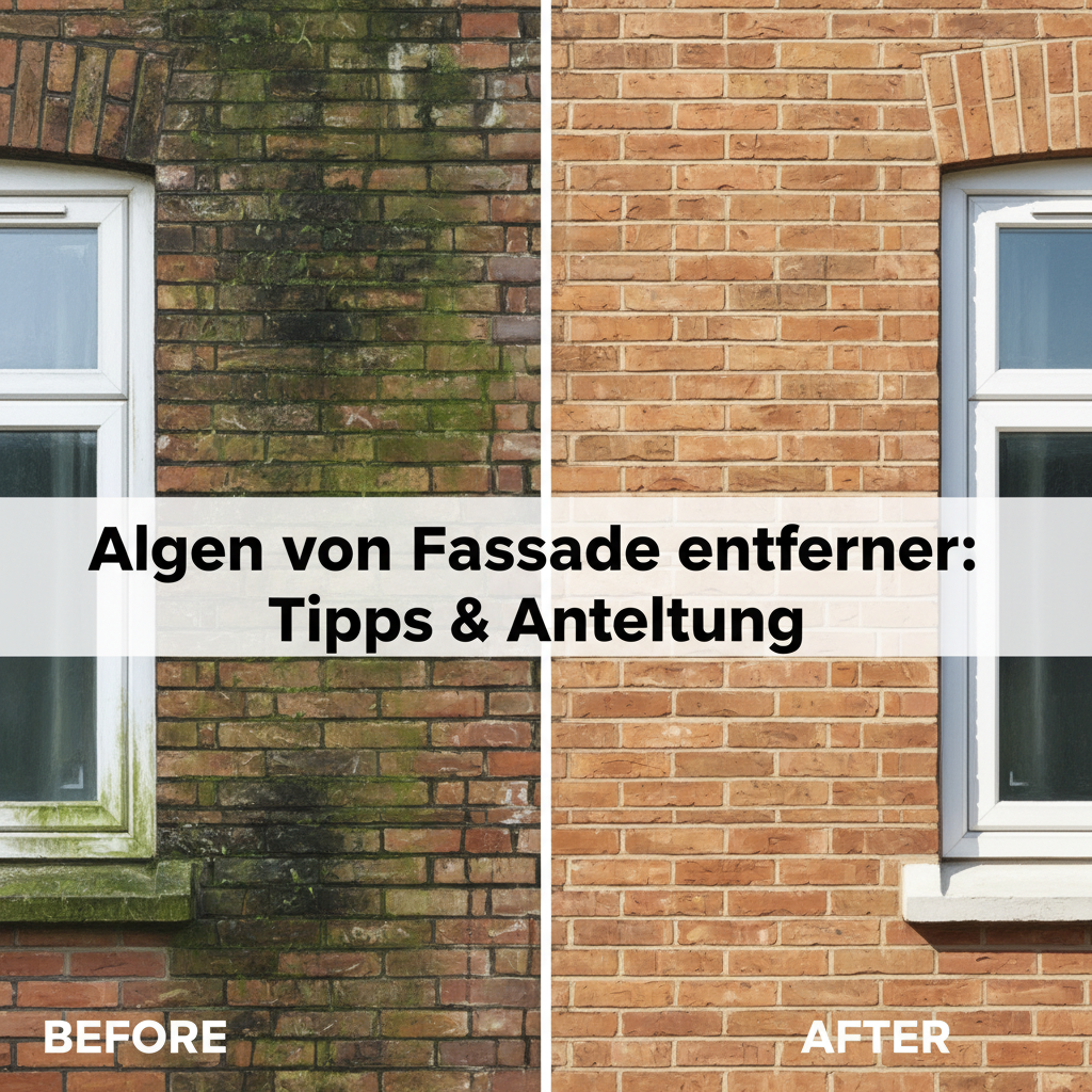 A compelling 'before and after' or split-image illustration of a house facade section. One half (the 'before') is heavily stained with green and black algae, looking dull, damp, and neglected. The other half (the 'after') is pristine, clean, and bright, showcasing the original color and texture of the facade as if newly restored. The dividing line should be clear and sharp, creating a strong visual contrast that highlights both the aesthetic improvement and implied structural health. Style: Realistic digital painting, emphasizing cleanliness and freshness.