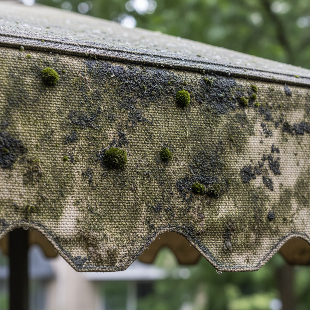 A close-up, realistic professional photo of a dirty, neglected fabric awning. The image should focus on a section heavily covered in visible green and dark gray-black algae stains, possibly with some small patches of moss. Droplets of water or dampness should be subtly visible on the fabric surface, indicating moisture. The background should be softly blurred, hinting at an outdoor, perhaps shaded, environment. The overall impression should be one of significant discoloration and an unkempt appearance, highlighting the visual problem clearly.