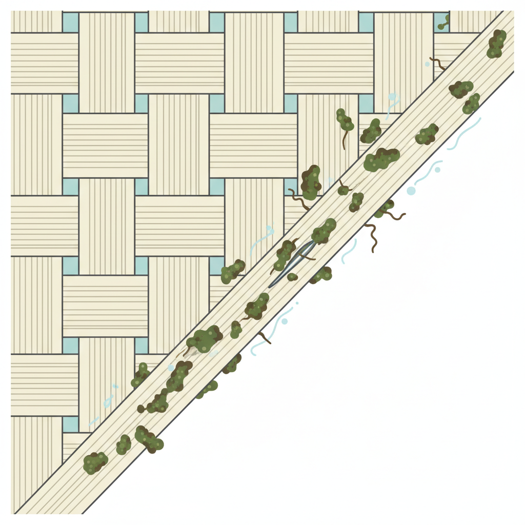 A stylized, detailed flat illustration showing the microscopic interaction of algae with awning fabric. On one side, a clean, tightly woven fabric structure. On the other, the same fabric with tiny green or dark microbial structures (algae spores) visibly latching onto and slightly penetrating the individual fibers, demonstrating the growth and potential material damage. A subtle visual element could convey moisture or a damp environment encouraging this growth. The illustration should explain the 'why' without words.
