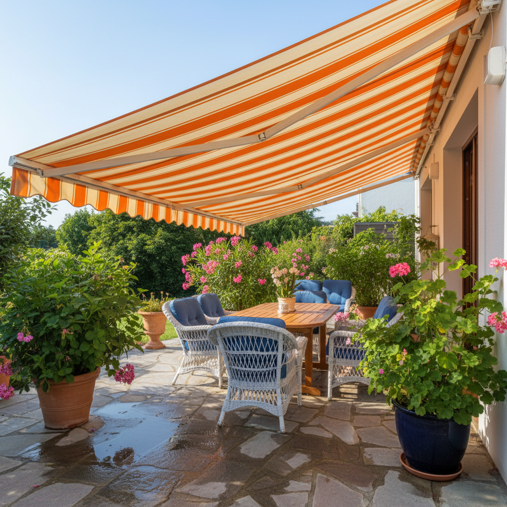 A professional, bright photograph of an outdoor patio scene featuring a perfectly clean, vibrant fabric awning extended overhead. The awning should be free of any blemishes, showcasing its original color and pristine condition, radiating an inviting and well-maintained atmosphere. The surrounding patio furniture and plants should also appear clean and welcoming, subtly contrasting with the implied 'before' state of a dirty awning. Sunlight should highlight the fabric's freshness.