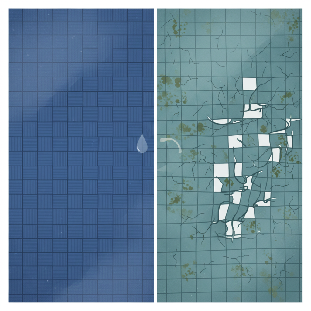 An infographic-style illustration depicting two sections of awning fabric side-by-side. One section appears smooth, tightly woven, and intact, symbolizing a healthy, waterproof material. The adjacent section, clearly affected by algae, shows subtle micro-fissures, slightly frayed fibers, and areas where the weave appears compromised or loosened, visually representing the material damage and potential reduction in water repellency caused by prolonged algae growth. The style should be clear and informative.