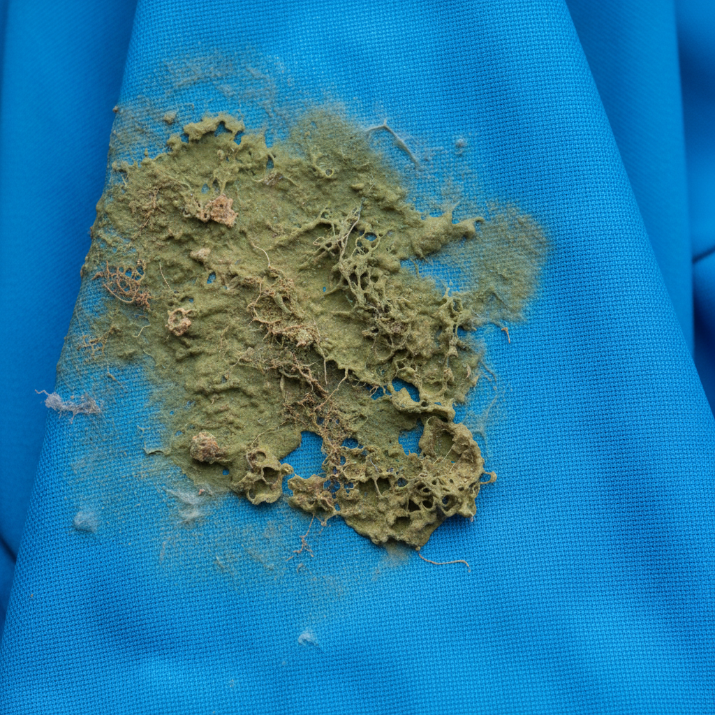 A close-up, professional photo of a piece of outdoor clothing, possibly a bright green or blue jacket, displaying a prominent, unsightly algae stain. The stain appears as a dark green, slightly mottled or slimy patch, contrasting sharply with the clean fabric around it. The texture of the stain should look organic and somewhat rough, indicating its stubborn nature. The focus is solely on the damaged fabric, highlighting the problem.