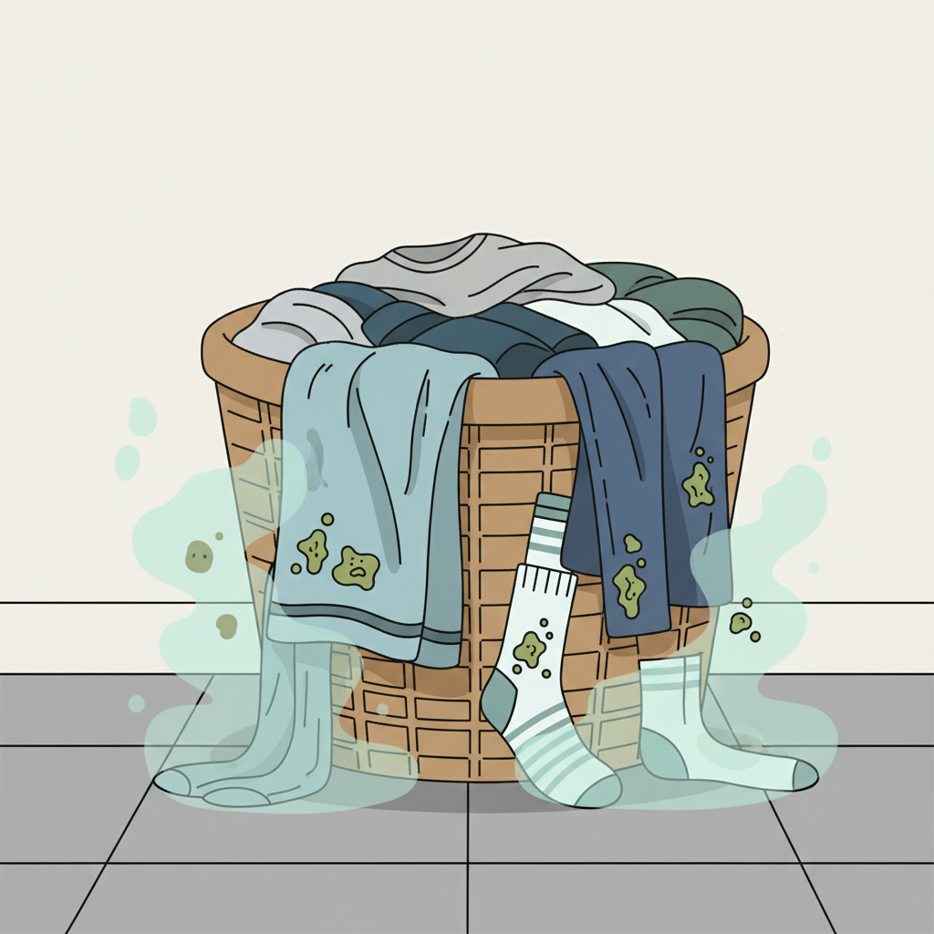 A detailed flat illustration depicting a slightly open, overflowing laundry basket filled with damp, crumpled clothes. A subtle misty or humid effect surrounds the basket, and small, abstract green or brownish specks (representing microscopic algae) are visibly forming on some of the fabric surfaces, especially in shadowed, moist areas. The overall impression should convey neglect and a breeding ground for organisms.