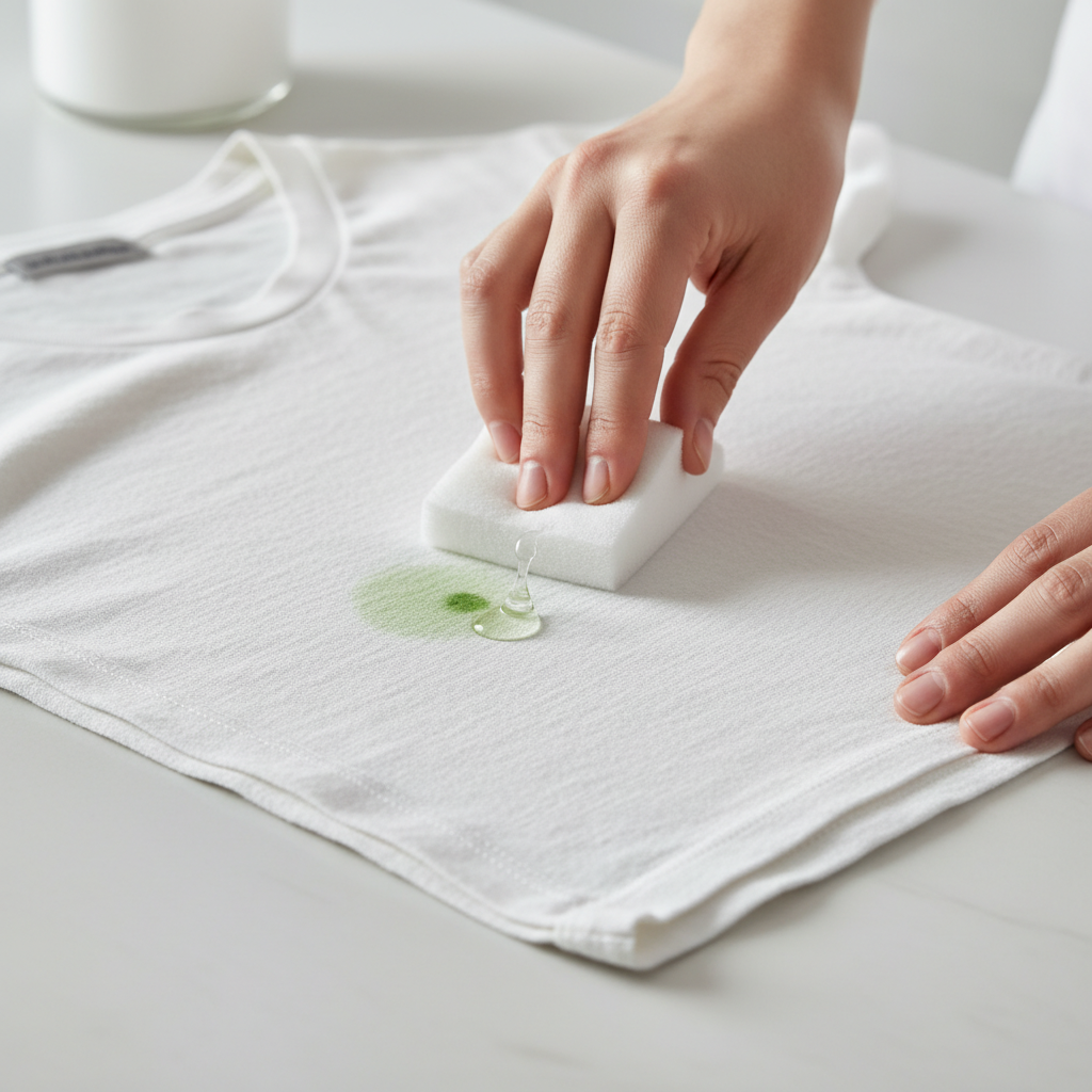 A bright, clean professional photo showing hands gently treating a fabric. One hand is holding a small, white cloth or sponge, carefully dabbing at a visible, albeit small, green stain on a light-colored textile, possibly a cotton t-shirt. A generic, clear liquid droplet is visible on the stain, implying a cleaning agent. The focus is on the careful, precise application of treatment, highlighting the active removal process.