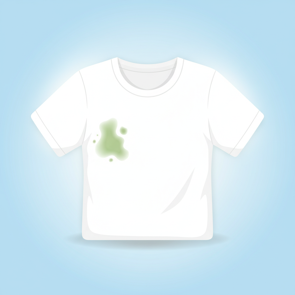 A clean, bright flat illustration of a folded, crisp white t-shirt. On one side of the t-shirt, a distinct, slightly faded green algae stain is still barely visible, hinting at a past problem. The other side of the t-shirt is pristine and spotless, radiating freshness, suggesting successful cleaning and restoration. The overall effect should be one of triumph over the stain, showing the clothing returned to its original condition.