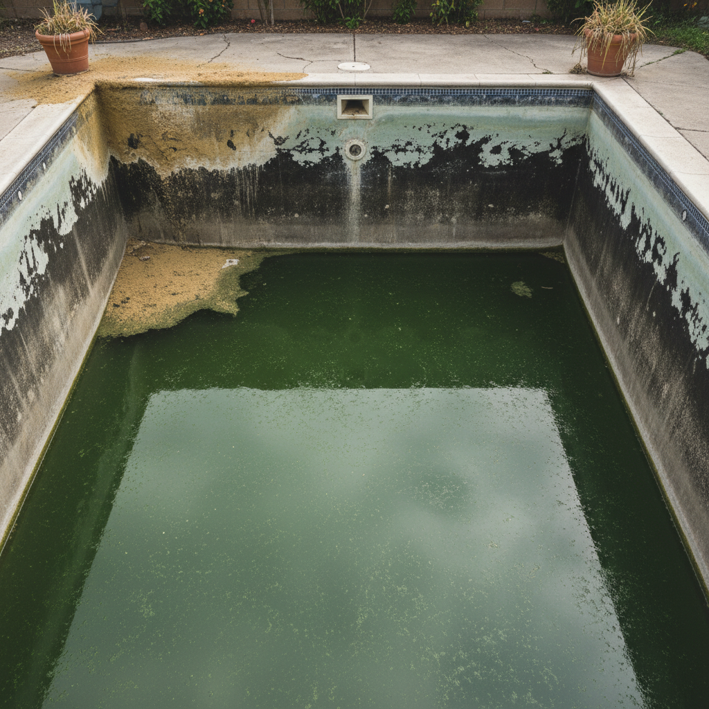 A visually unappealing swimming pool, partially filled with murky, greenish water. Several dark, stubborn black algae spots cling to the pool walls and floor, while a lighter, dusty yellow film accumulates in one corner. The water surface shows slight greenish turbidity, hinting at widespread green algae. Sunlight reflects poorly off the uninviting water, emphasizing the problem. The overall scene should evoke a sense of neglect and a clear need for cleaning. Style: Realistic, high-definition professional photo, slightly desaturated to convey the issue.