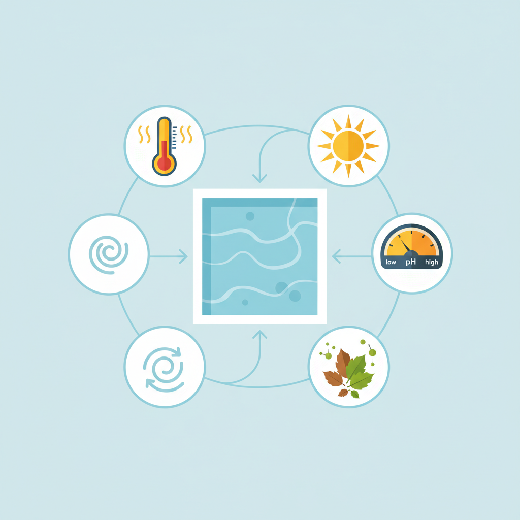 A clear, clean diagram illustrating the main causes of algae growth in a pool. The central element is a stylized swimming pool. Around it, several distinct visual icons or elements represent the causes: a thermometer icon with high temperature, a sun icon with strong rays, a pH meter showing an unbalanced value, fallen leaves symbolizing phosphates, and a faint, slow-moving water current. Arrows connect these elements to the pool, indicating their influence. Style: Modern, clean flat illustration with a limited color palette, emphasizing clarity and information.