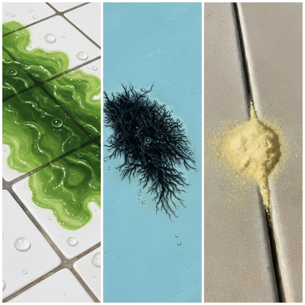 A triptych or multi-panel illustration showcasing distinct close-up views of different algae types on a pool surface. Panel 1: A section of a pool wall with a slimy, bright green film spreading across it. Panel 2: A dark, textured, almost rooted-looking black spot deeply embedded in a light blue pool plaster, with tiny bubbles around it. Panel 3: A dusty, light yellow, powdery film collected in a crevice of the pool, easily distinguishable from the other types. Style: Detailed digital painting, emphasizing texture and color variations for each algae type.
