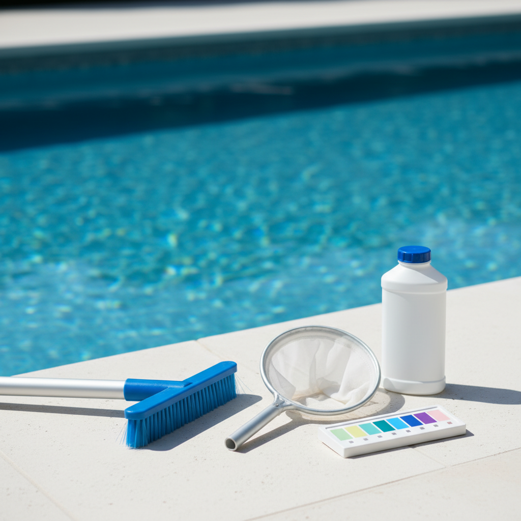 A pristine, sparkling blue swimming pool in the background, subtly indicating the 'after' state. In the foreground, neatly arranged on a clean, light surface (e.g., poolside deck), are essential pool maintenance tools and products. This includes a pool brush, a telescopic pole, a water testing strip kit (showing color indicators without any numbers or words), a small skimmer net, and an unlabeled bottle of pool chemical (e.g., algaecide or clarifier). The overall composition should convey readiness for maintenance. Style: Bright, clean studio product photography with a shallow depth of field, focusing on the tools.