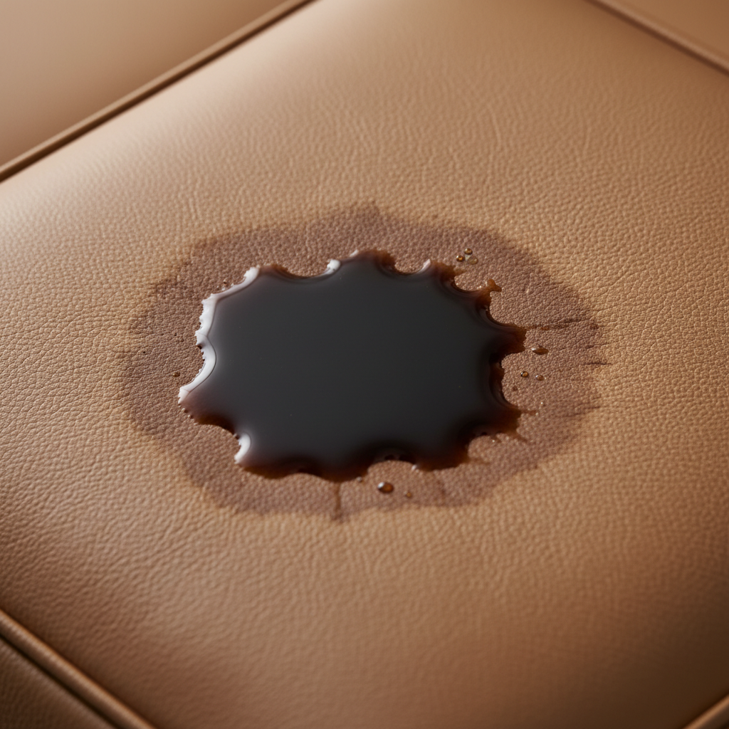 A close-up, high-quality professional photo of a dark, wet, slightly spreading alcohol stain on a luxurious, light brown leather surface, possibly a sofa cushion or bag. The stain should show a subtle discoloration and a slight textural change where the liquid has absorbed, emphasizing the immediate visual impact and urgency of a fresh spill. The lighting should be soft but clear, highlighting the contrast between the pristine leather and the affected area.