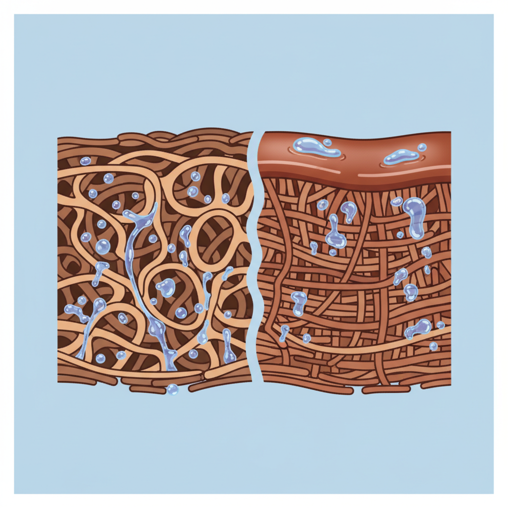 An infographic-style illustration depicting a cross-section of leather at a microscopic level. Show a stylized representation of leather fibers and pores, with small, abstract liquid particles (representing alcohol) penetrating deeply into these pores. Adjacent to it, show a less porous, sealed leather type with liquid resting more on the surface. Use a clean, educational aesthetic with clear visual differentiation between porous and sealed structures.