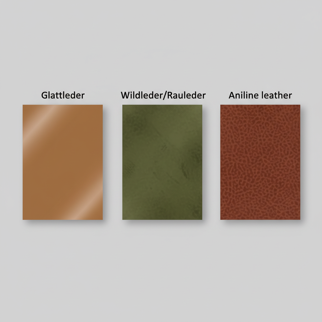 A modern, clean flat illustration showcasing three distinct swatches or samples of different leather types. One swatch should clearly represent smooth leather (Glattleder) with a slight sheen, another as suede/rough leather (Wildleder/Rauleder) with a velvety texture, and a third as aniline leather with visible natural grain and a matte finish. The samples should be arranged neatly, allowing for easy visual comparison of their unique surface characteristics.