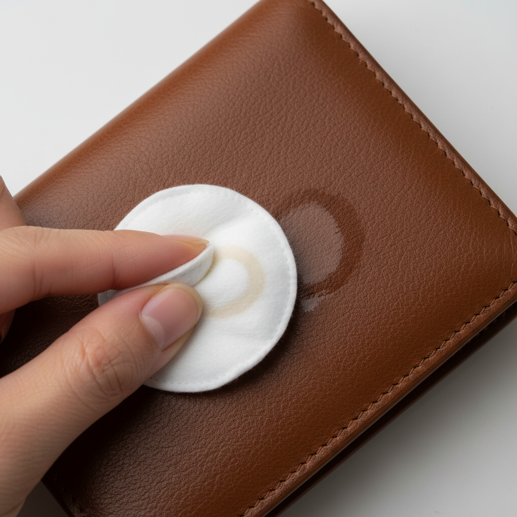 A professional photo from an overhead perspective, showing a hand gently dabbing a small, circular alcohol stain on a medium brown leather surface (e.g., a wallet or small accessory) with a soft, clean white cloth or cotton pad. The stain should appear diminished or in the process of being lifted, conveying a sense of careful cleaning and restoration. The focus should be on the detailed texture of the leather and the gentle action of cleaning.