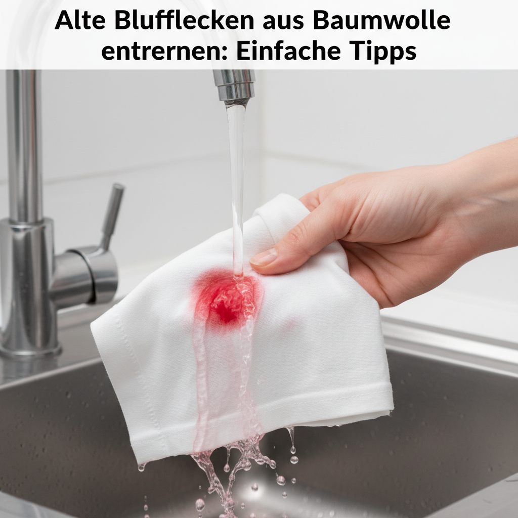 A clean and crisp photograph showing the first step of treating a fresh blood stain. A hand is holding a piece of light-colored cotton fabric (e.g., a white t-shirt or towel) with a small, fresh, red blood stain. A stream of cold, clear water is actively running over the back of the stained area from a kitchen faucet, causing the blood to visibly dilute and start to rinse out. The focus should be on the action of rinsing with cold water. Professional, clear, and well-lit photo style.