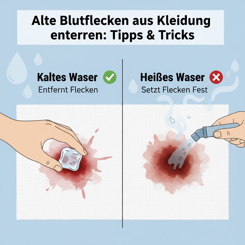 An educational infographic-style illustration contrasting the effects of cold versus hot water on blood stains. On the left, a hand applies cold water or an ice cube to a blood stain on a light fabric, showing the stain visibly starting to fade or lift. On the right, a hand applies hot water or steam to a similar stain, depicting the stain becoming darker and more set into the fibers. Clear labels 'Kaltes Wasser' (Cold Water) and 'Heißes Wasser' (Hot Water) with a green checkmark and red cross respectively. Clean lines, simple and clear message.