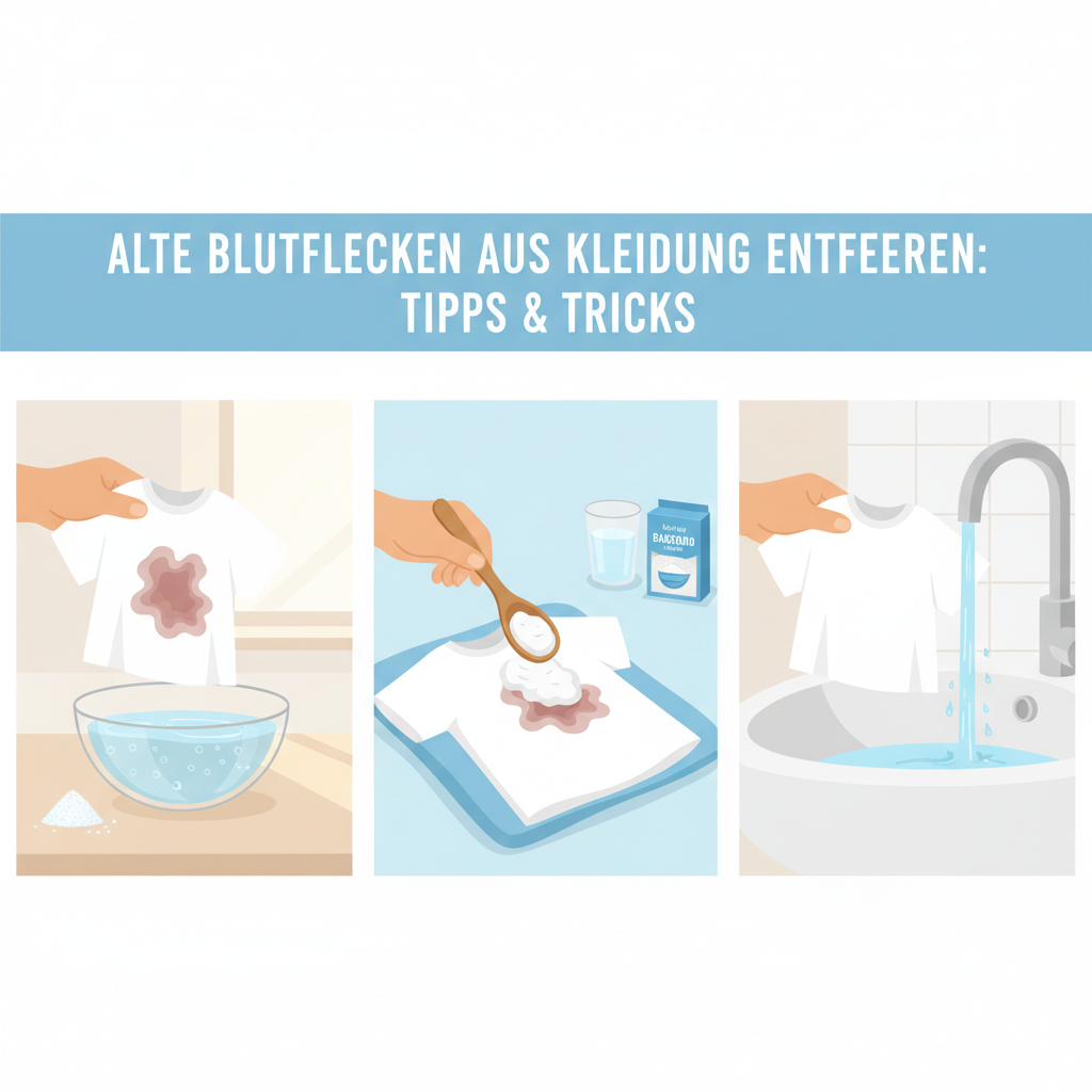 A bright, step-by-step flat illustration depicting the removal of an old blood stain from a white cotton shirt using household remedies. Panel 1 shows a hand gently submerging a stained part of a shirt into a bowl filled with cold, slightly bubbly salt water. Panel 2 illustrates a hand applying a thick paste of baking soda and water directly onto the dried stain. Panel 3 displays the now stain-free area of the shirt being rinsed clean under cool running water. Optimistic color palette, clean and sequential visual.