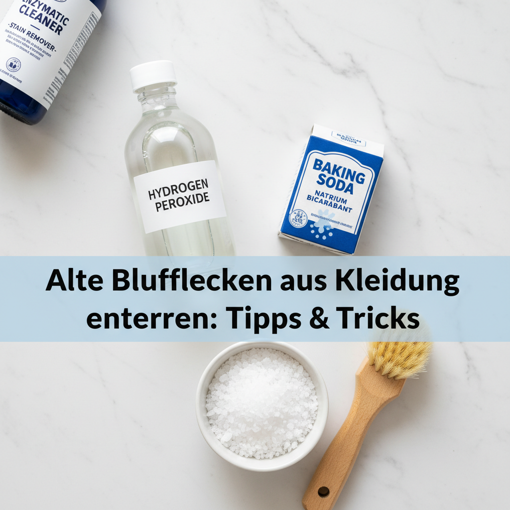 A professional flat lay product photography style image showcasing an assortment of effective household remedies and tools for blood stain removal. Prominently featured are a clear bottle of hydrogen peroxide, a small box of baking soda, a ceramic bowl with coarse salt, and a small, soft-bristled brush. A subtle hint of a special enzymatic cleaner bottle could also be included. All items are neatly arranged on a minimalist, light-colored background, emphasizing cleanliness and readiness for action.