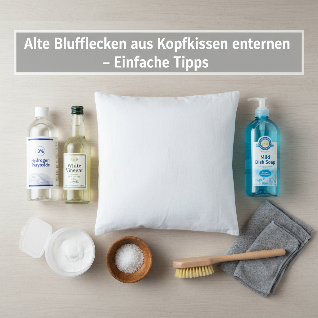 A brightly lit, clean flat lay photograph showcasing the various household materials and tools needed for old blood stain removal. Items include a bottle of 3% hydrogen peroxide, a bottle of white vinegar, a small container of baking soda, a bowl of salt, a bottle of mild dish soap, and a soft-bristled brush or cleaning cloth. These items are neatly arranged around a clean, folded white pillowcase, suggesting a practical, DIY approach.