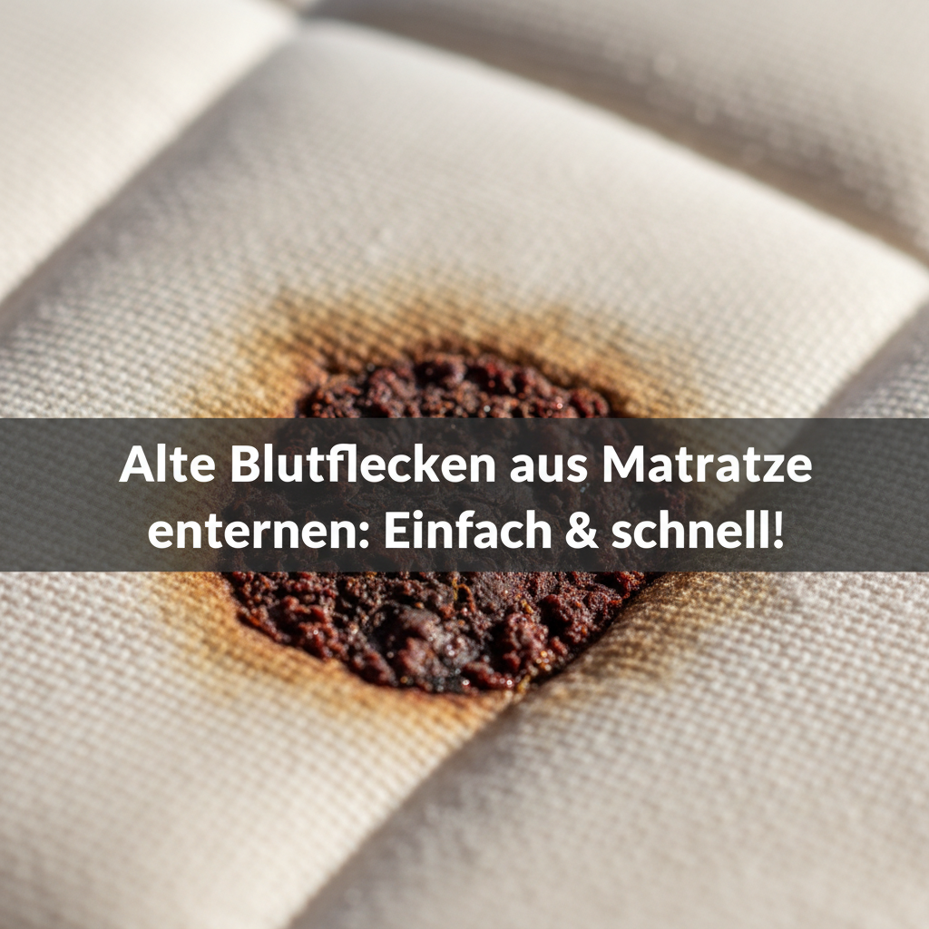 A high-quality, realistic macro photograph focusing on an old, dried blood stain deeply embedded in the fibers of a light-colored mattress fabric. The stain should appear dark, crusty, and stubborn, with subtle discoloration around its edges to convey age and a need for deep cleaning. The background should be a blurred mattress surface, maintaining focus on the texture of the stain and fabric. Natural, slightly subdued lighting to emphasize the problem.