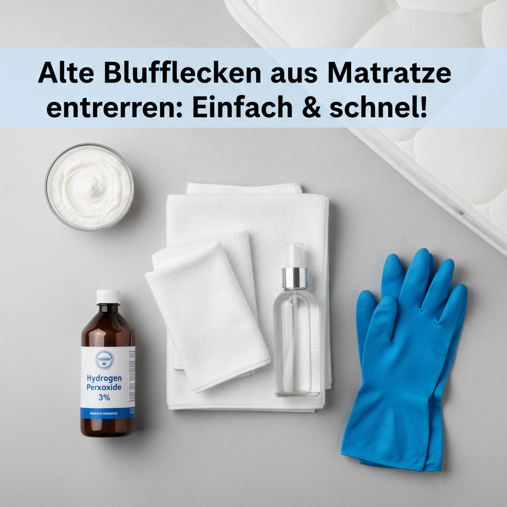 A bright, clean professional flat lay photograph showcasing the essential tools for mattress stain removal. Neatly arranged on a light, uncluttered surface are: a stack of pristine white microfiber cloths, a transparent spray bottle, a small bowl containing a white paste (implying salt and water), a bottle of generic 3% hydrogen peroxide, and a pair of blue rubber gloves. A corner of a clean mattress is visible in the background.