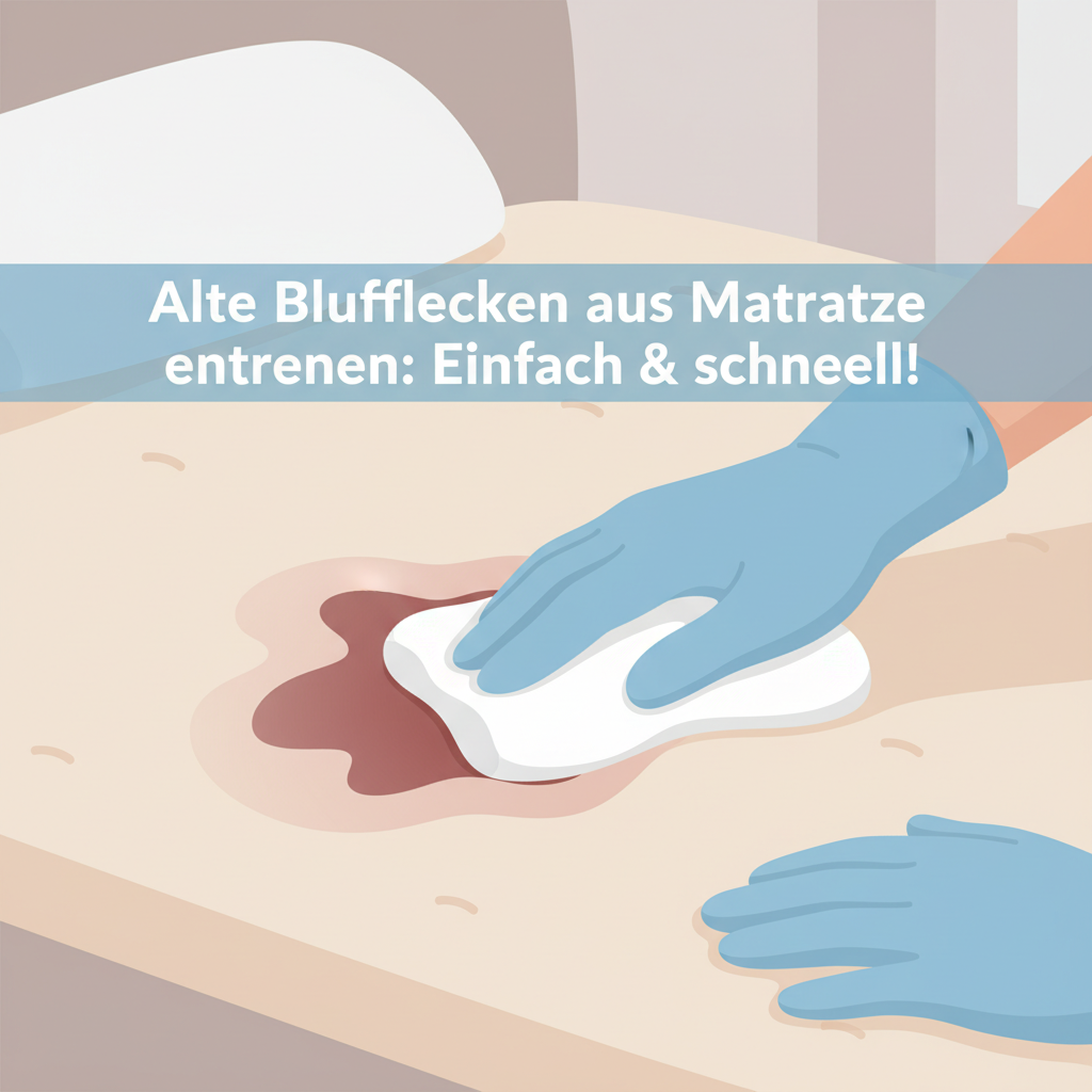 A modern, clean instructional illustration depicting gloved hands gently dabbing an old, dried blood stain on a mattress with a white cloth. The stain is visibly starting to lighten and break down at the edges where the cleaning action is focused. The style should be flat design or vector art with a soft, limited color palette, emphasizing the careful, methodical process of stain removal without showing harsh chemicals.