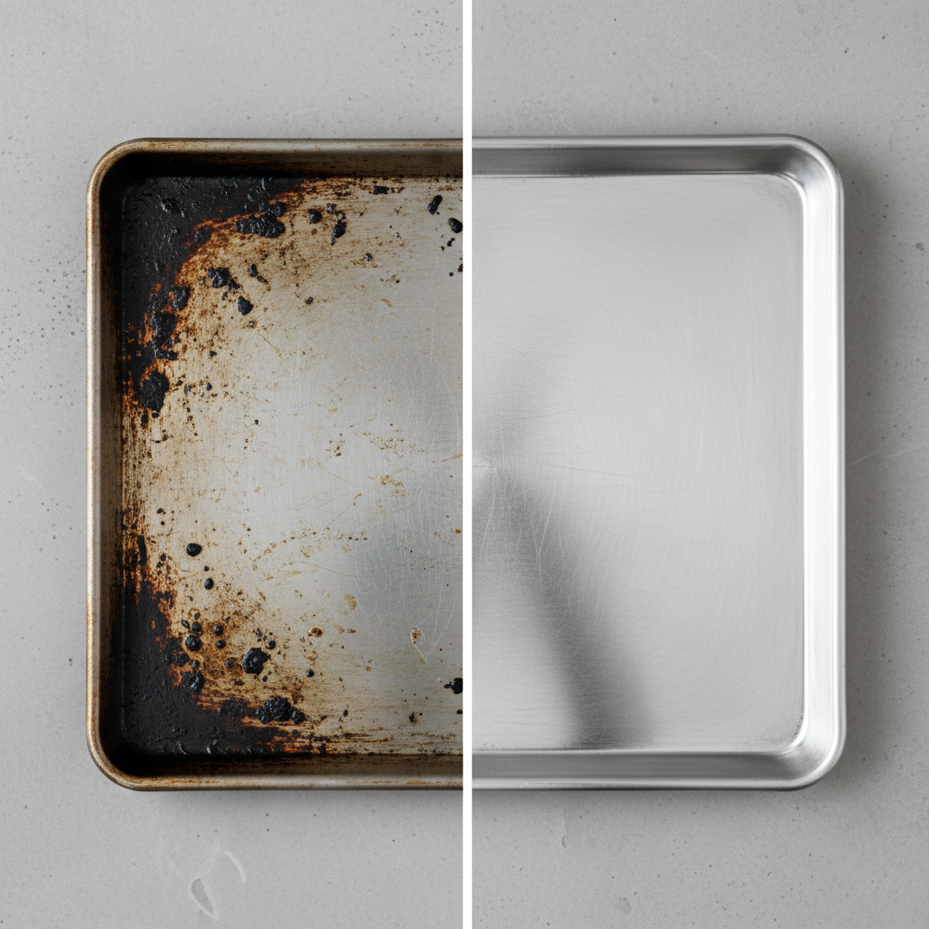 A split image, depicting the 'before' and 'after' of an aluminum baking sheet. On the left, a heavily soiled, dark grey aluminum baking sheet with stubborn, burnt-on food residues and grease stains, looking dull and unappealing. On the right, the same aluminum baking sheet, sparkling clean and shiny, reflecting light brightly, free of any stains or discoloration. The background is a clean, neutral kitchen counter. Professional photo style with high contrast to emphasize the transformation.