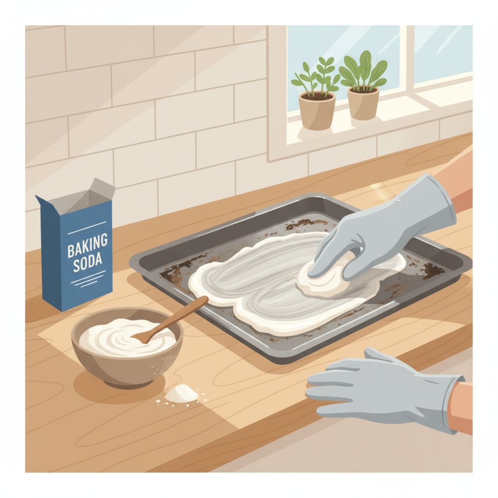 A clean, brightly lit kitchen scene focusing on the process of making and applying a baking soda paste to an aluminum baking sheet. A pair of hands, wearing light-colored gloves, is gently spreading a thick, white baking soda paste onto a specific section of a dirty aluminum baking sheet. Next to the sheet, a small bowl contains the mixed paste, and an open container of baking soda is visible. The scene should convey a sense of careful, methodical cleaning. Flat illustration style with soft shadows and a warm color palette.