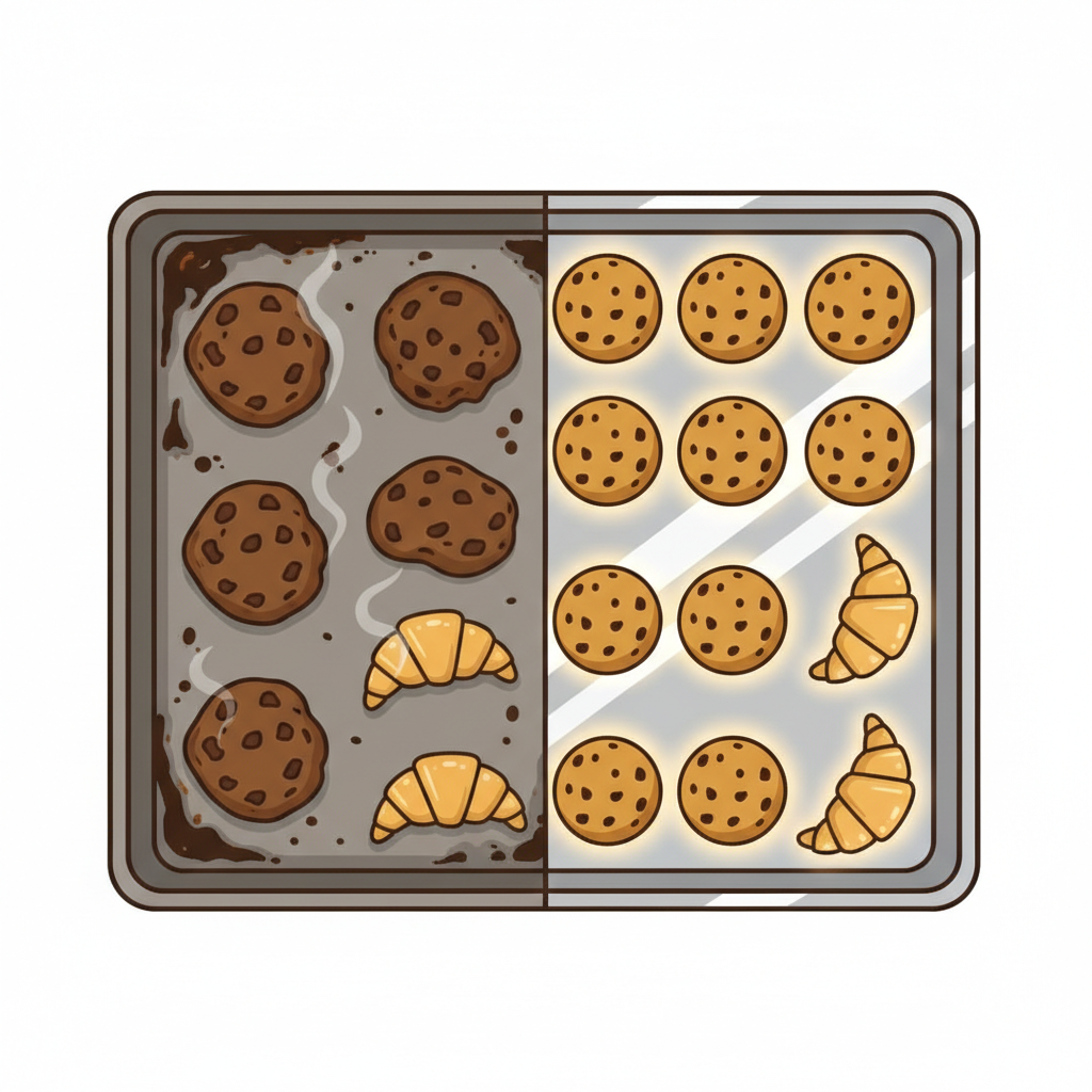 An infographic-style illustration visually explaining the benefits of a clean baking sheet. On one side, an illustration of slightly burnt and unevenly cooked cookies or pastries on a visibly dirty, dull baking sheet, conveying poor heat distribution. On the other side, perfectly golden-brown cookies or pastries neatly arranged on a sparkling clean, shiny aluminum baking sheet, with a subtle glow around them. Clean, modern vector illustration style.