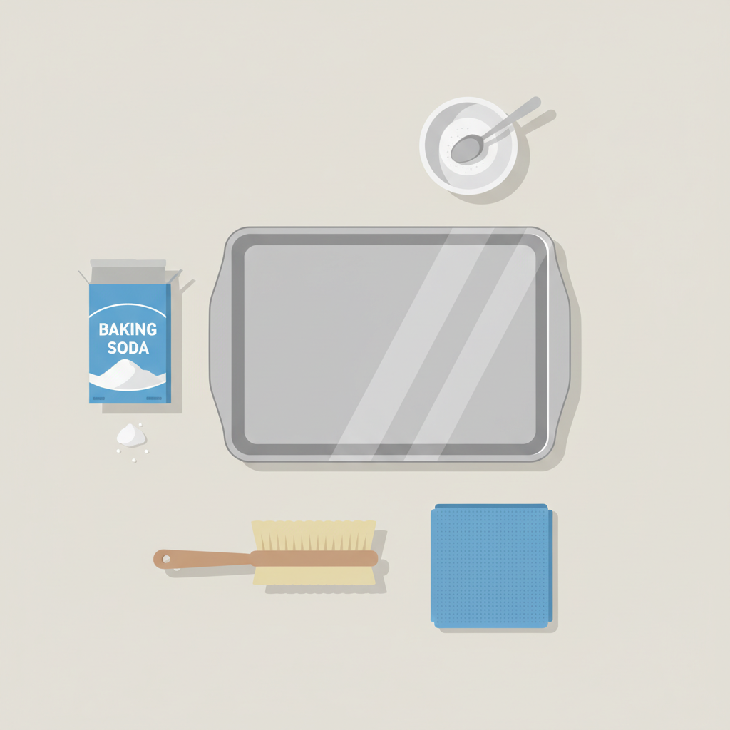 A minimalist flat lay illustration showcasing the essential items for cleaning an aluminum baking sheet. The scene features a clean, unused aluminum baking sheet as the central element. Around it are neatly arranged common cleaning tools and ingredients: an open box of baking soda, a soft-bristled scrub brush or sponge, a microfibre cloth, and a small mixing bowl with a spoon. The items are thoughtfully spaced on a light, neutral background, emphasizing simplicity and accessibility. Clean, top-down view, flat illustration style.