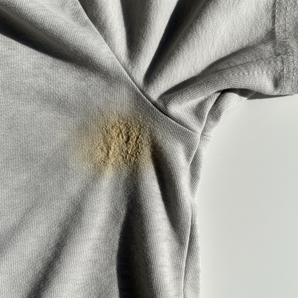A close-up, professional photo of a light-colored (e.g., white or light grey) t-shirt's armpit area, prominently displaying a stubborn, yellowish-brown stain. The fabric fibers should be clearly visible, showing the stain deeply set into the material. The lighting should emphasize the unsightly nature of the discoloration, conveying a sense of damage or frustration with stained clothing.