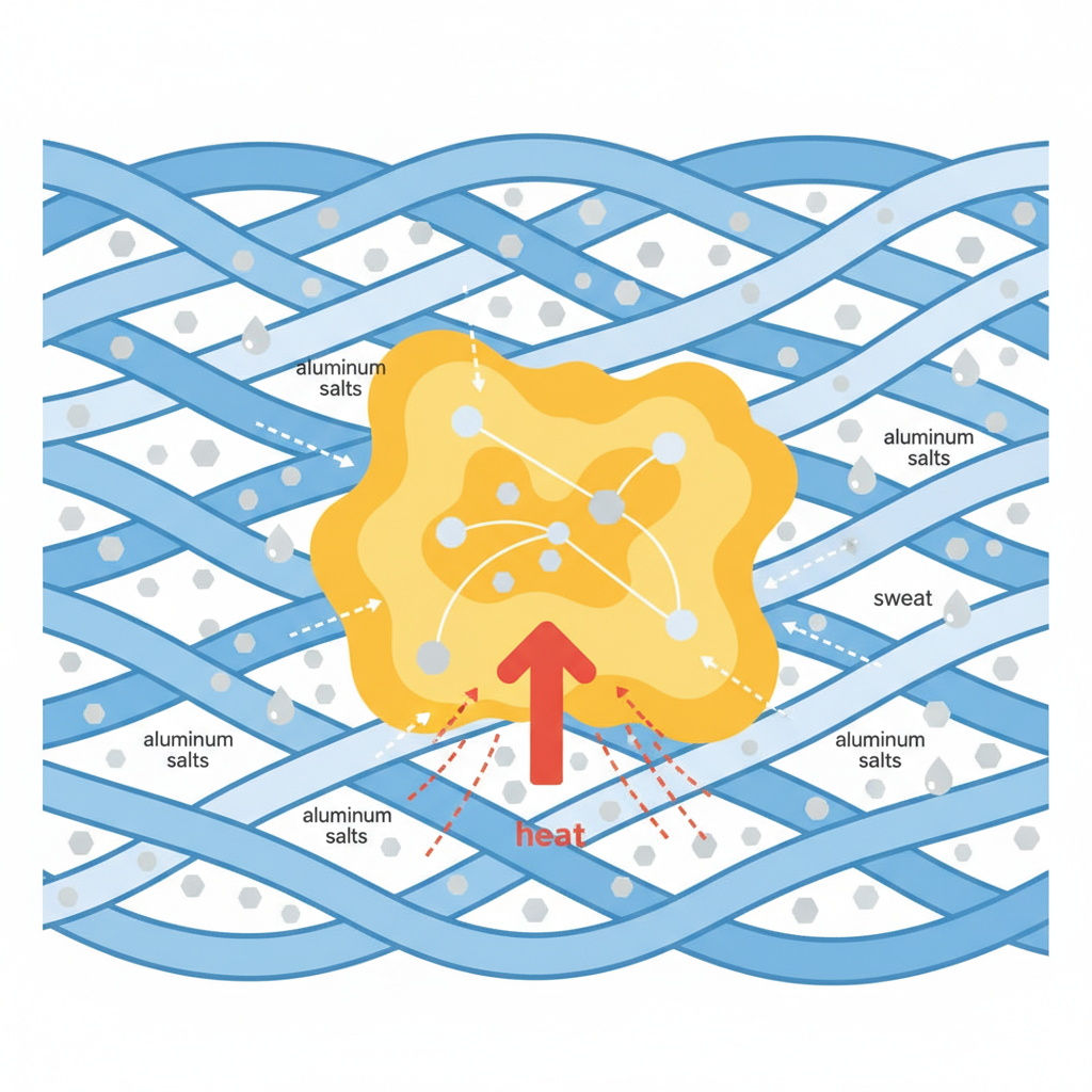 An infographic-style flat illustration depicting a simplified, abstract representation of fabric fibers. Show small, stylized molecules or particles representing 'aluminum salts' and 'sweat' interacting and bonding together within the fabric structure, forming a distinct, yellow-hued cluster that symbolizes the deodorant stain. A subtle, wavy icon could suggest 'heat' contributing to the bonding process, illustrating the cause.