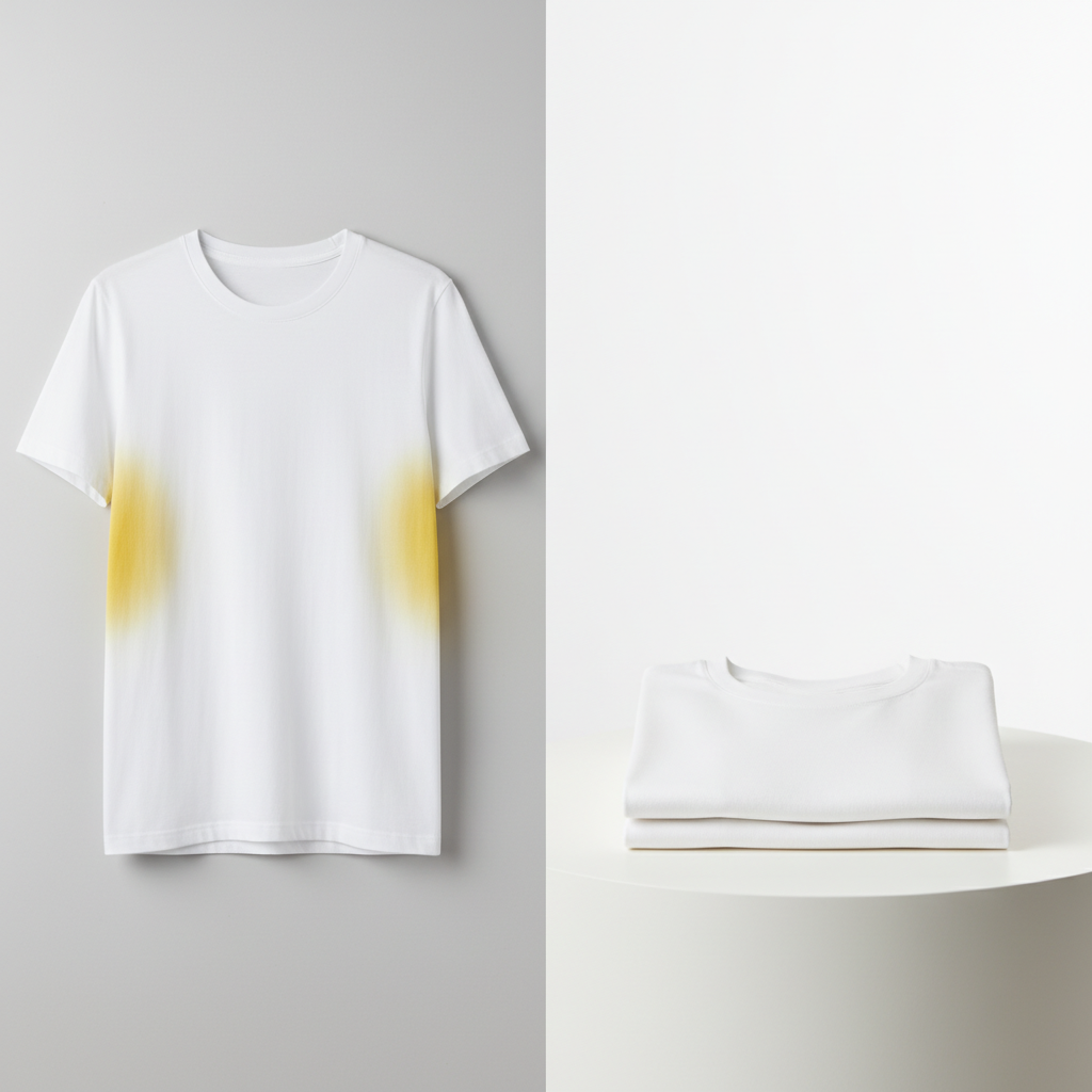 A high-contrast, clean product photography style image showcasing a 'before and after' comparison. On one side, a light-colored (e.g., white) t-shirt is visible with a noticeable, prominent yellow underarm stain. On the other side, the exact same type of t-shirt is pristine white, spotless, and freshly cleaned, hanging neatly or folded, symbolizing the successful removal of the stain and restored brightness.
