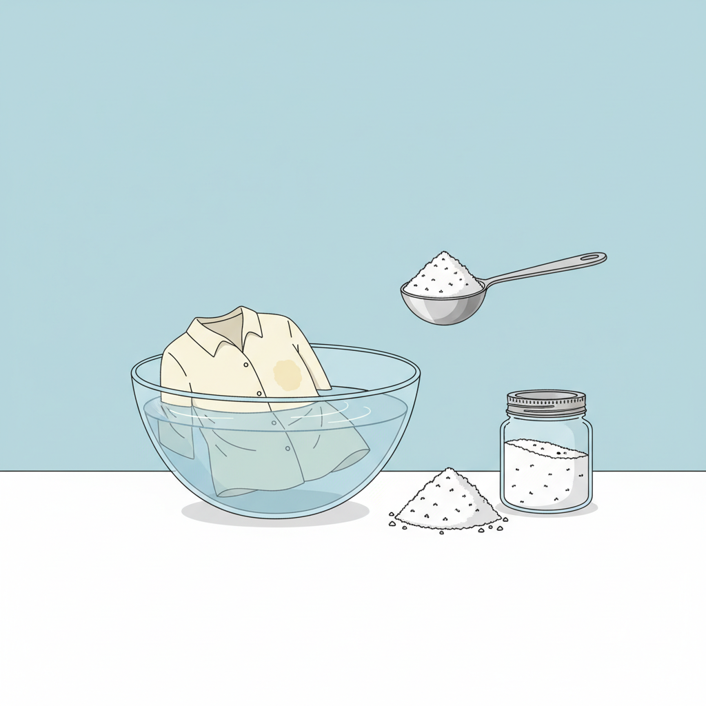 A clean, flat illustration showing the initial step of preparing a soaking solution. A clear glass bowl or basin is filled with water, and a light-colored garment with a faint yellow stain is partially submerged. Next to the bowl, a measuring spoon is poised above a small pile of white powder (representing citric acid) or a clear container of the powder, indicating the mixing process.
