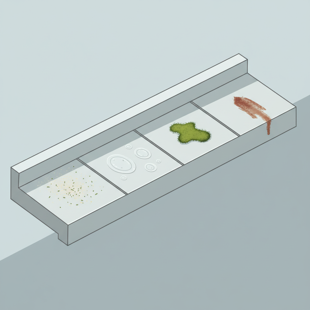 A clean, modern aluminum window sill seen from a slightly elevated angle, with distinct sections visually depicting various common stains. One section shows light dust and pollen, another has dried water spots and subtle lime residue, a third section features a small patch of green algae, and a fourth displays a light rust mark. The overall impression is informative and shows diversity of issues. Flat illustration style with clear, distinct representations for each stain type, maintaining a sleek, minimalist aesthetic.