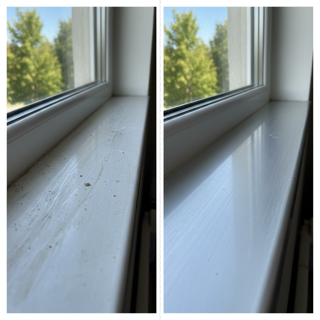 A split image or a clear visual 'before and after' comparison of an aluminum window sill. The 'before' side is dull, covered with various smudges, water marks, and a few minor dirt patches. The 'after' side is sparkling clean, reflective, and looks brand new, showcasing its sleek metallic sheen. The transition should be seamless and highlight the dramatic improvement. Professional, high-resolution photo with natural lighting, emphasizing the contrast in cleanliness and shine.