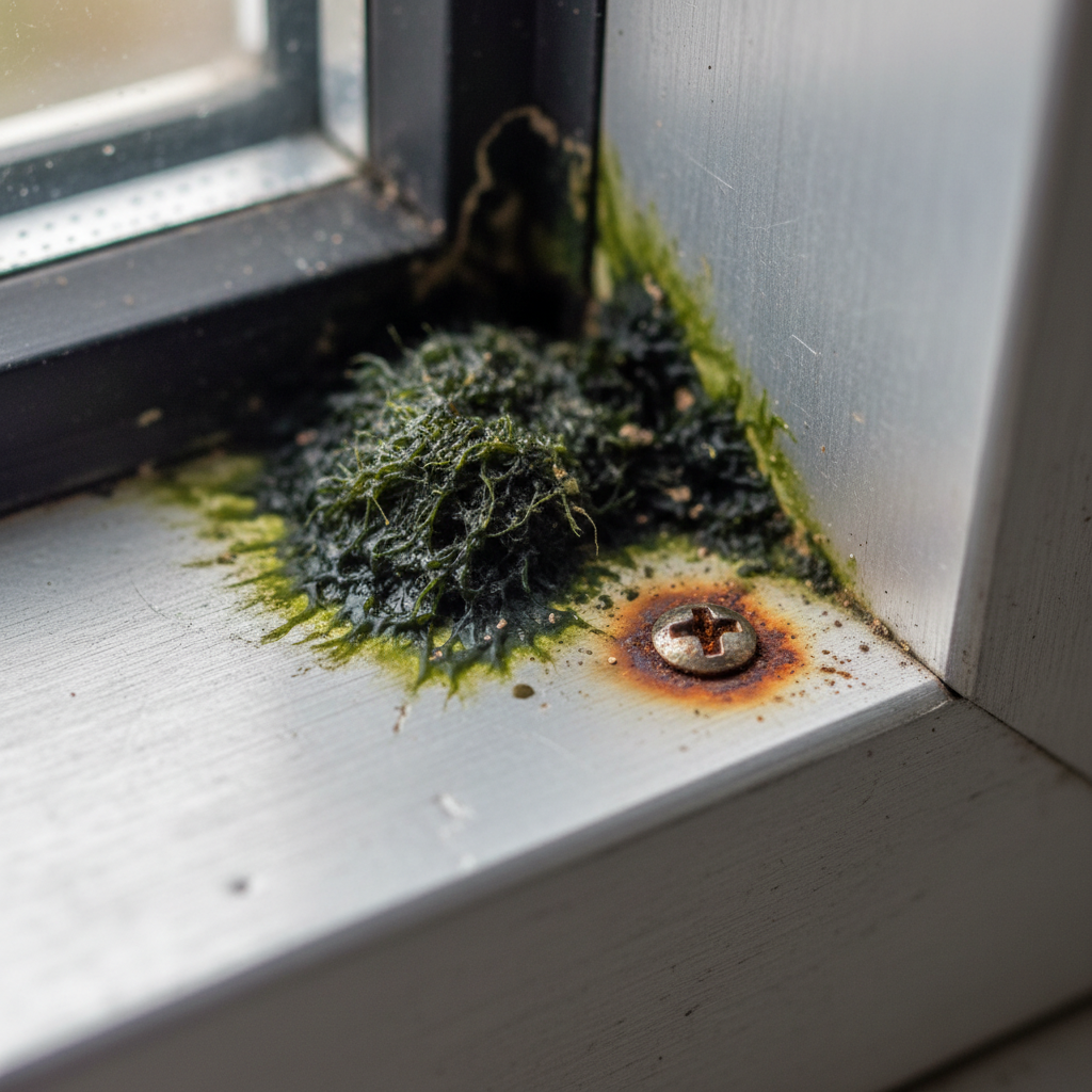 A detailed close-up (macro shot) of a specific problematic stain on an aluminum window sill, such as a tenacious green algae patch growing in a corner or a distinct, slightly reddish rust spot originating from a forgotten metal object. The image should convey the potential for surface damage or persistent grime, highlighting why immediate action is needed. Professional photo with sharp focus on the stain, showing texture and detail, conveying a sense of minor degradation.