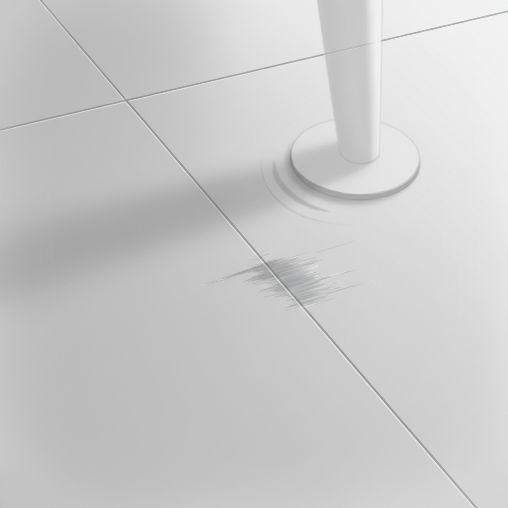 A close-up, eye-level perspective of a sleek, modern ceramic floor tile. A metallic grey smudge, characteristic of an aluminum stain, is prominently visible on the tile surface. Above the stain, a blurred or slightly transparent silhouette of a piece of furniture (e.g., a chair leg or pot bottom) is depicted in motion, as if it just grazed the tile, hinting at the cause of the mark. The overall impression should be a clean environment marred by an unsightly defect. Style: Realistic digital illustration with a clean, slightly muted color palette.