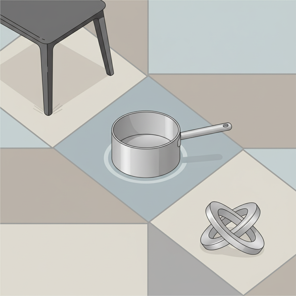 An infographic-style illustration depicting several common household items interacting with a tile floor. Show a stylized chair leg subtly leaving a grey mark on a tile, a minimalist aluminum pot or pan lightly touching another tile, and a decorative aluminum object resting near a third tile. The focus is on the objects themselves as sources of potential marks, without explicit damage shown on all, rather the potential for it. The items should be distinct but harmonized. Style: Flat vector illustration with clean lines and a friendly, informative aesthetic. Use a consistent set of muted, professional colors.