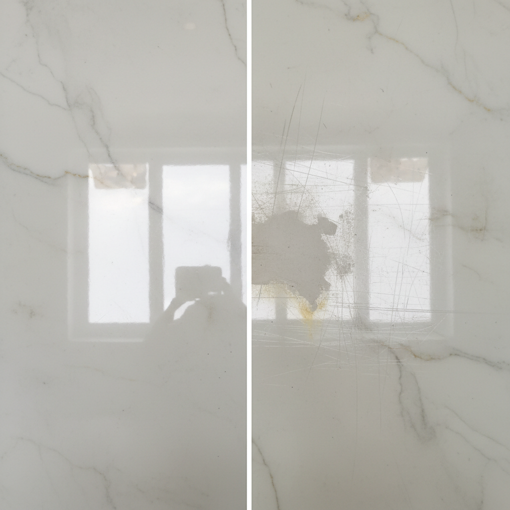 A split-screen or side-by-side comparison on a single tile. One side shows a perfectly pristine, glossy section of a tile, reflecting light cleanly. The other side, separated by an imaginary line, displays a section of the same tile with visible surface damage: fine scratches, a duller patch where the glaze might be worn, or a slightly discolored area, clearly indicating damage from improper cleaning or abrasive action. The contrast should be clear but not overly dramatic. Style: Professional product photography or highly realistic digital rendering, emphasizing texture and light reflection to show damage.