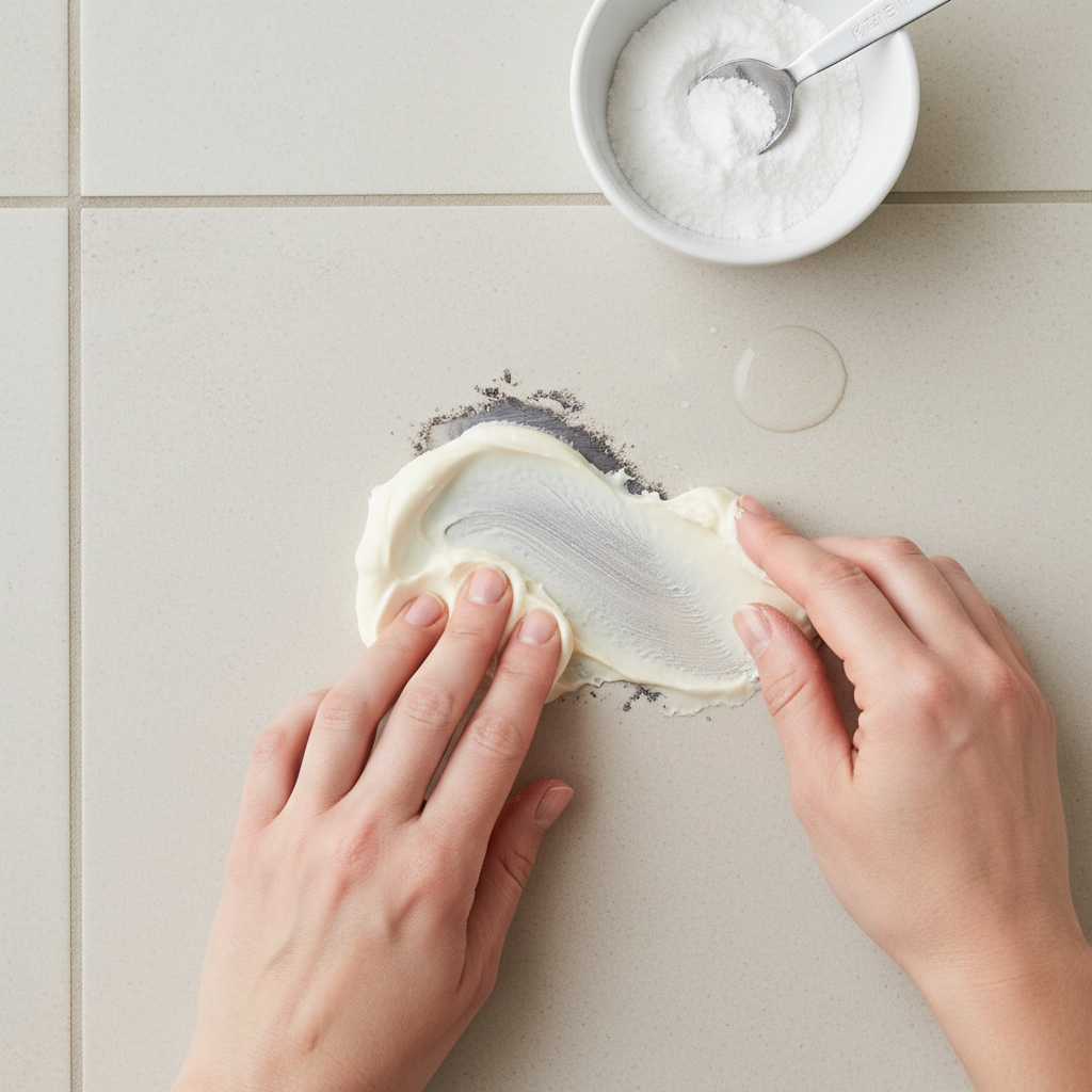 A pair of hands (only hands visible, implying an individual's action) gently applying a creamy, off-white paste onto a visible aluminum stain on a neutral-colored floor tile. In the background, slightly out of focus, a small bowl containing baking soda and a measuring spoon, along with a droplet of water, subtly indicate the ingredients. The focus is on the delicate, careful application process of the homemade remedy to the stain. Style: Clean, bright, and modern lifestyle photography aesthetic, with a soft depth of field.