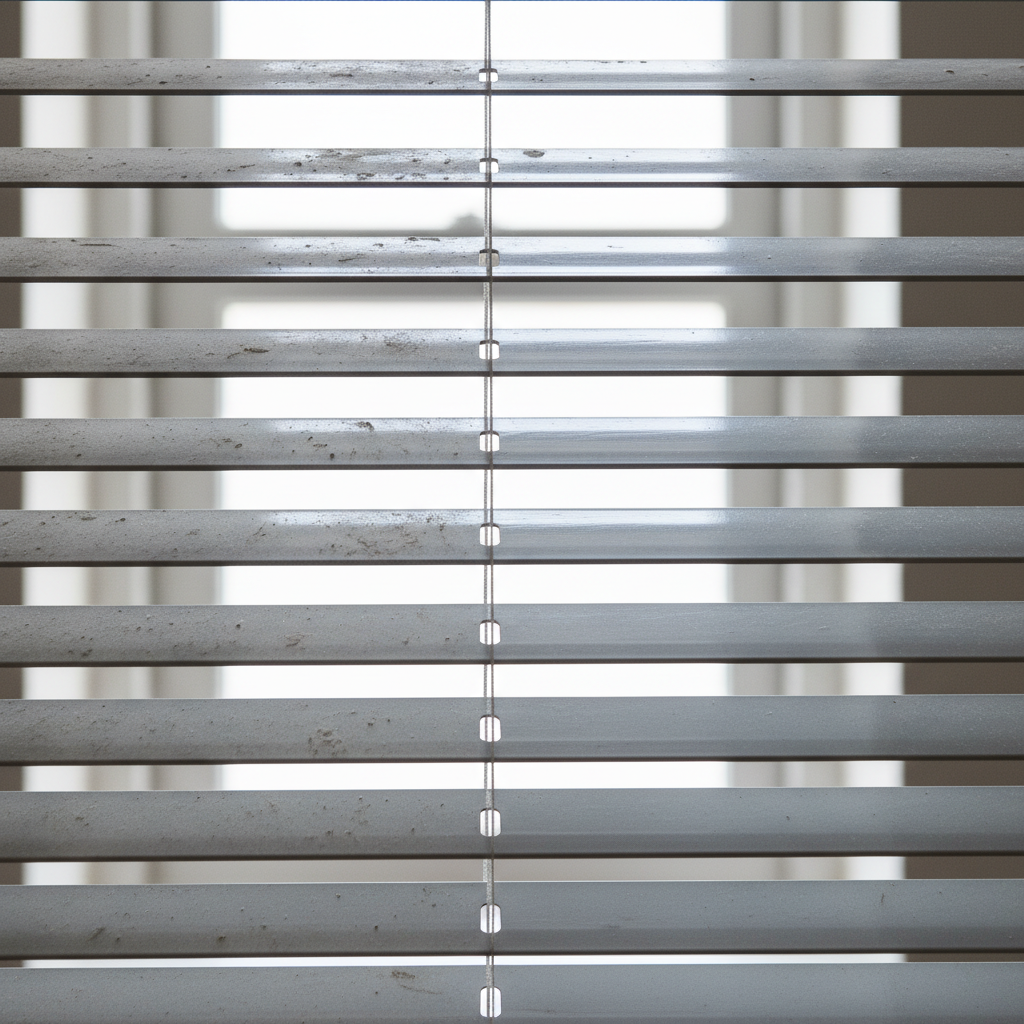 A close-up, high-definition professional photo of an aluminum Venetian blind. The left side of the blind shows a clear accumulation of dust and subtle smudges on the slats, dulling its appearance. The right side of the same blind is impeccably clean and polished, brightly reflecting ambient light and showcasing its original, modern gleam. The contrast between the dusty and sparkling clean sections is sharply defined, emphasizing the visual impact of proper cleaning.