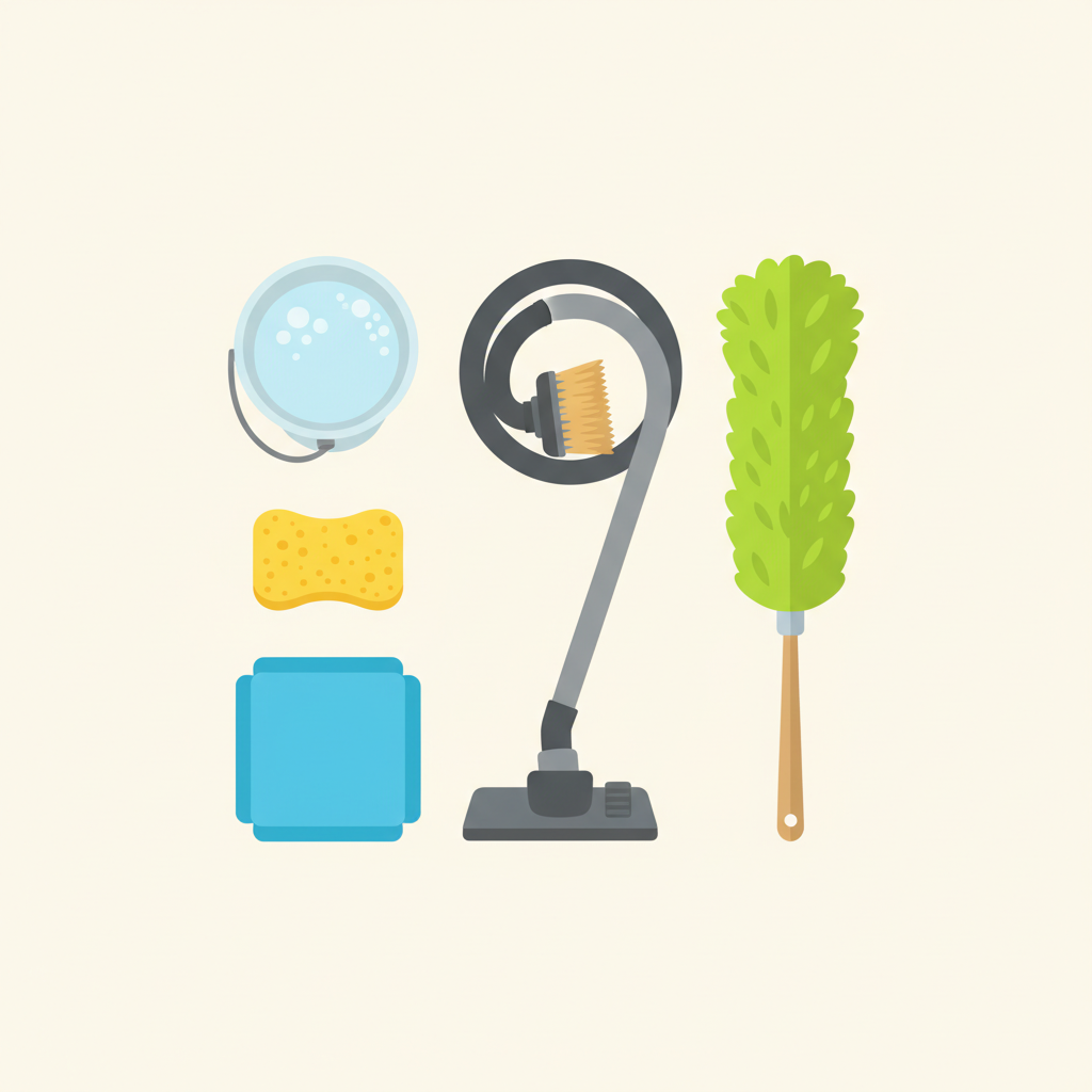 A top-down, neatly organized flat illustration of various cleaning tools and materials on a light, neutral background. Key items include a vibrant green microfiber duster, a vacuum cleaner hose with a soft brush attachment, a clear bucket with a small amount of foamy water, a soft yellow sponge, and a stack of folded blue microfiber cloths. All items are clearly distinguishable and arranged in an aesthetically pleasing, ready-to-use manner.