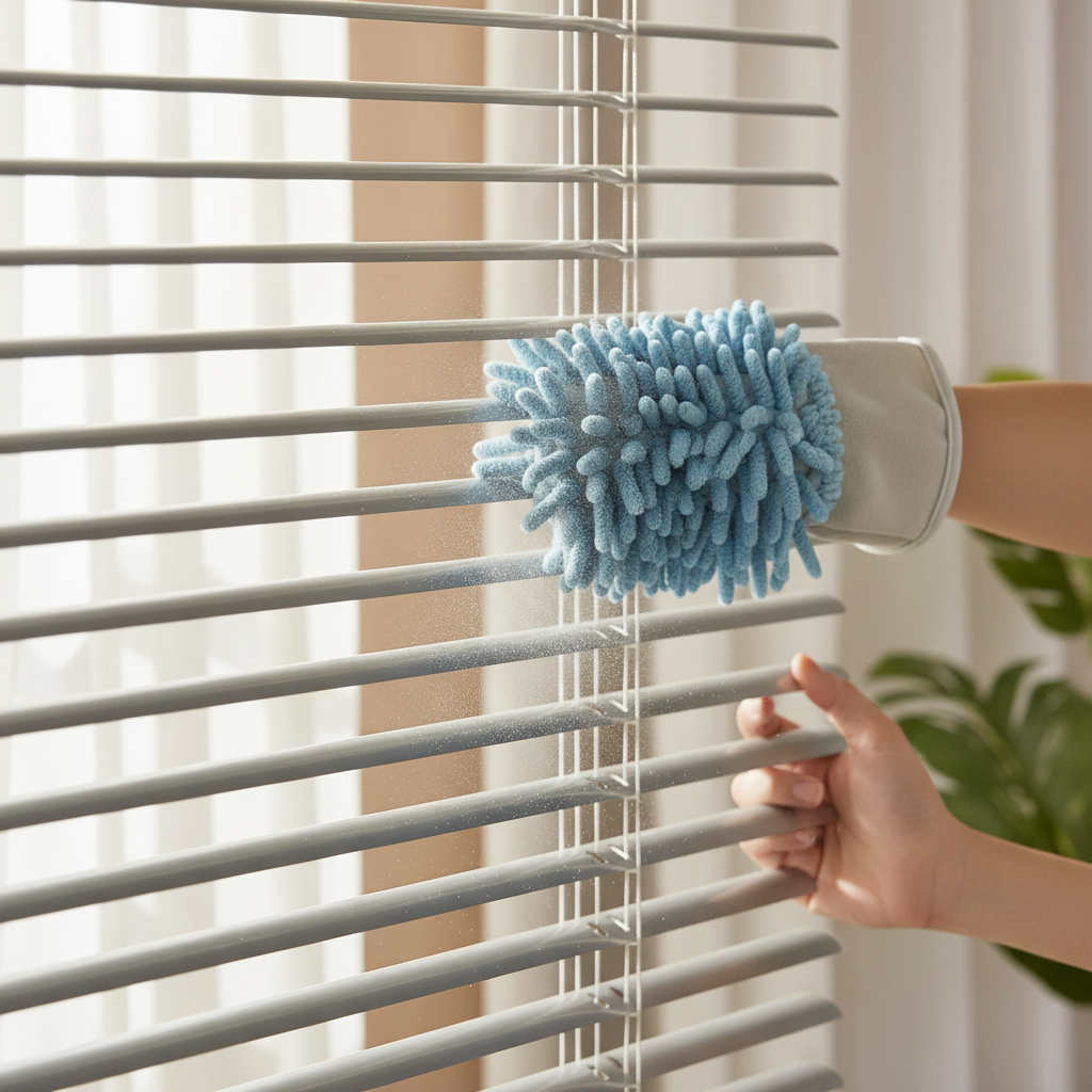 A realistic professional photo showing a pair of hands (gender-neutral) actively cleaning aluminum blinds. One hand holds a soft, fluffy microfiber duster, gently sweeping across the horizontal slats of the partially open blind, dislodging fine dust particles that are subtly visible in the light. The background is a softly blurred window, indicating a home environment. The focus is on the careful, effective motion of dusting.