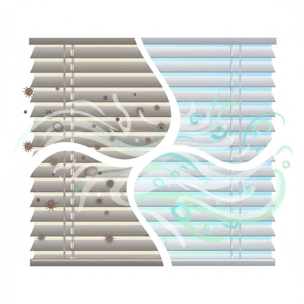 A modern flat illustration depicting the concept of improved hygiene and air quality after cleaning. On one side, a segment of dusty aluminum blinds is surrounded by small, stylized, floating allergen particles or dust mites, suggesting a less healthy environment. On the other side, the blinds are sparkling clean and radiant, with faint, ethereal 'fresh air' swirls or gentle light emanating from them, symbolizing purity and a healthier space.