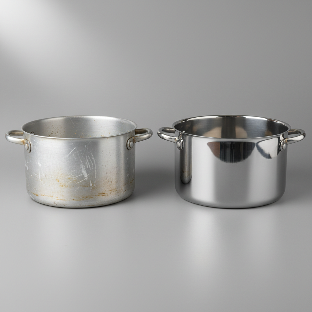 A visually striking side-by-side comparison of two aluminum pots. On the left, a dull, stained, and slightly tarnished aluminum pot with visible water marks or food residues. On the right, the identical pot, impeccably clean, shining brightly with a polished, reflective surface that catches the light. The background should be simple and clean, highlighting the contrast between the unkempt and the perfectly maintained state, visually representing the 'Glanz' and the importance of cleaning. Style: High-quality, professional studio product photography with emphasis on light and reflection.